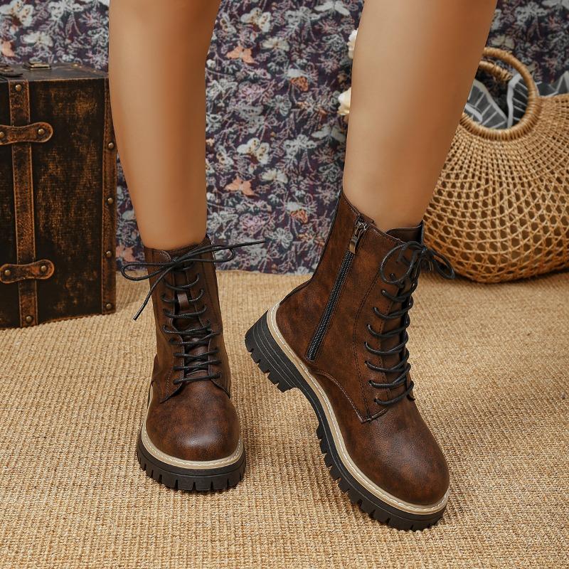 Neue Damenschuhe: Großzügige runde Spitze, dicker Absatz, Fleece-Schnürung vorne