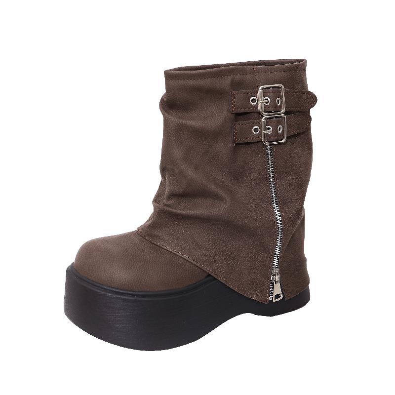 Fashion Autumn Winter Chunky Thick Sole Women Pipe Ankle Boots Designer Belt Buckle Platform Heel Shoes Modern Short Botas Para Mujer