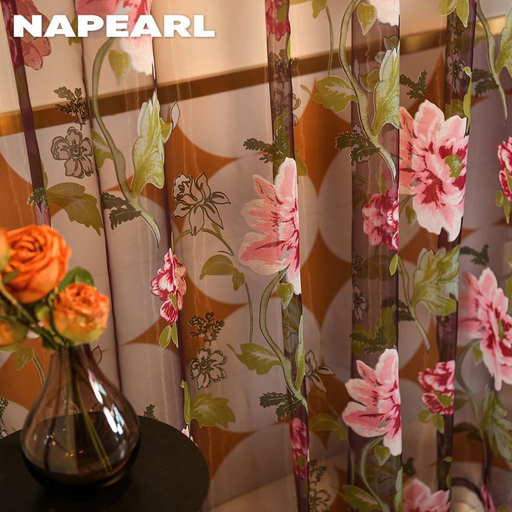 1PC Modern Fashionable Retro Peony Printed Transparent Sheer Window Curtain for Living Room Bedroom Home Decor NAPEARL