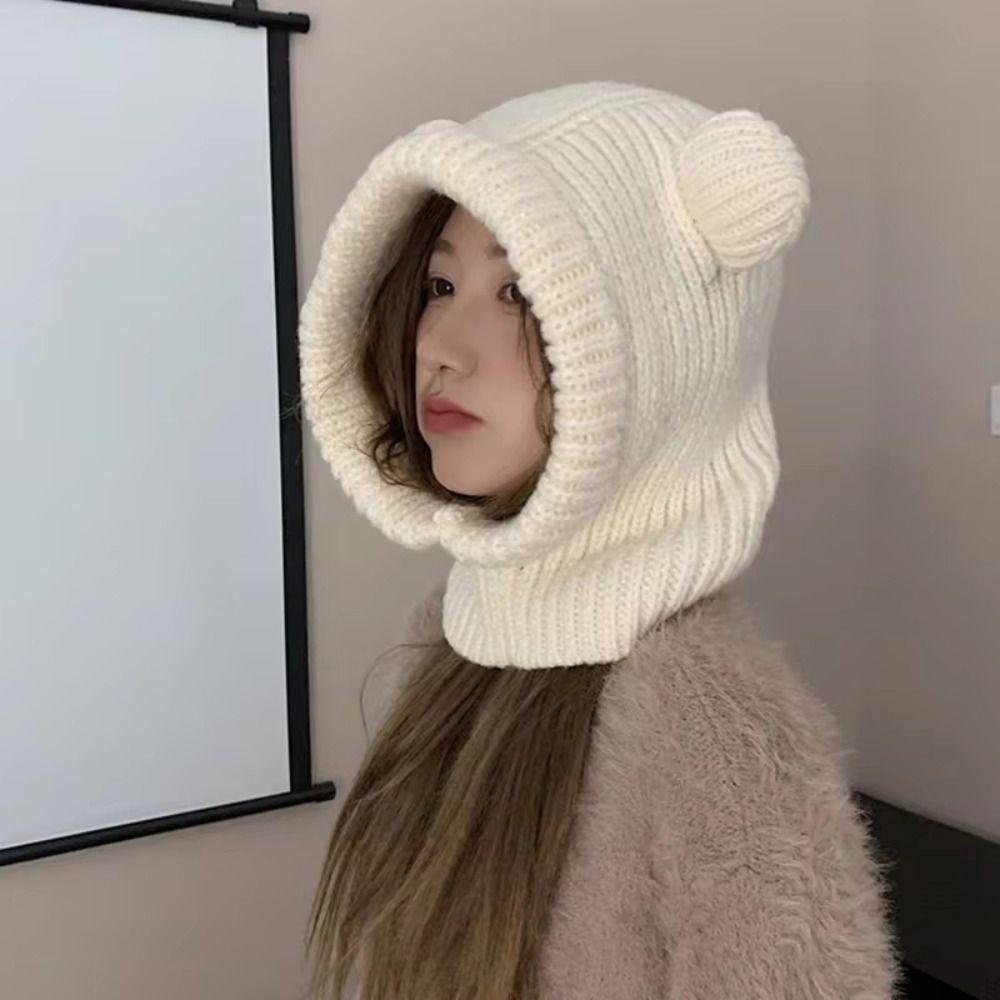 Bear Ear Balaclava Hat Solid Color Pullover Hat Fashion Knitted Hooded Beanie Hat  Female/Girls