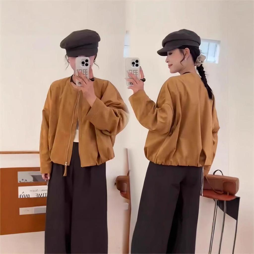 European Suede Women's Casual Jacket – 2025 Spring/Autumn, Loose Slimming Fit, Petite, Stylish, Short Design