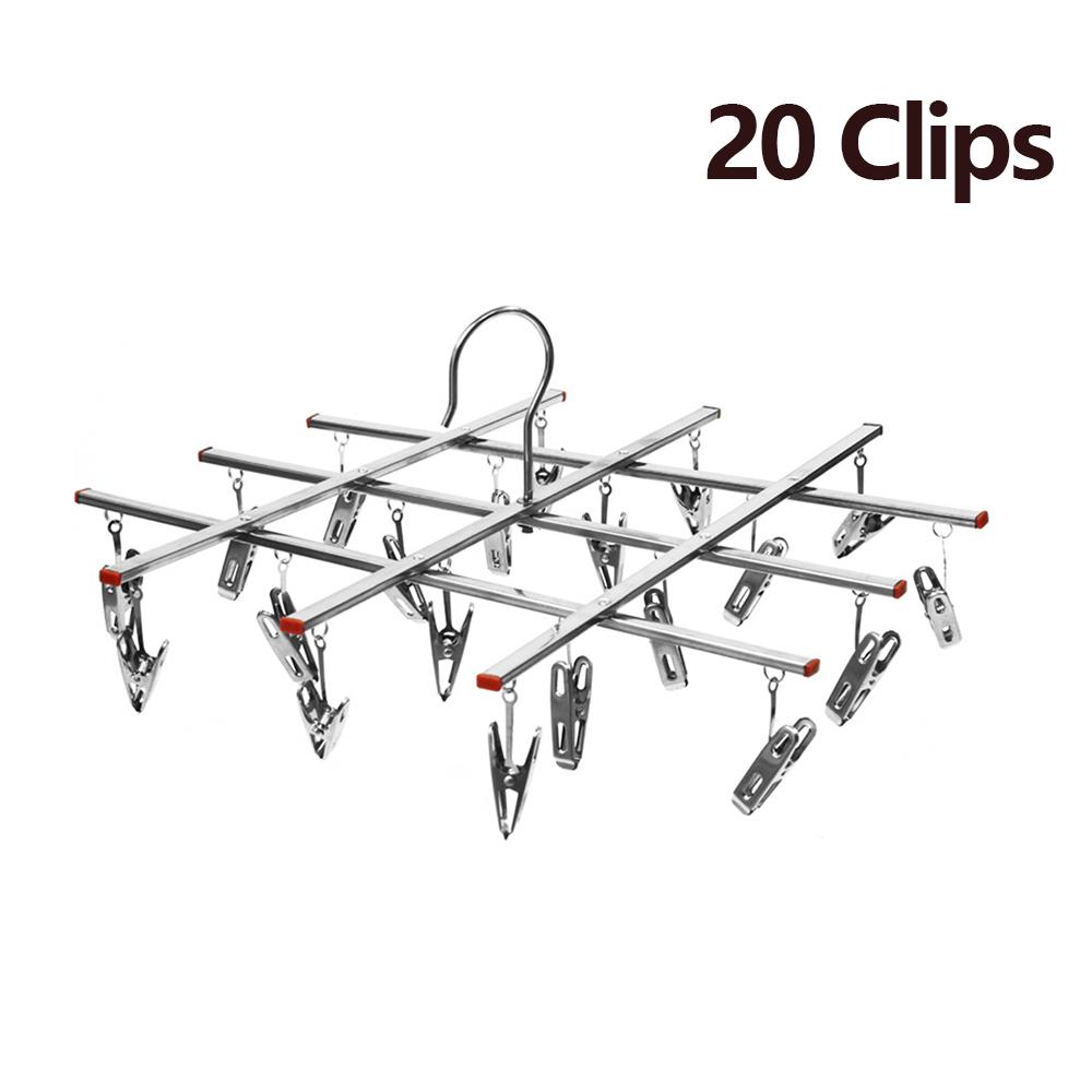 

20/35 Clips Folding Drying Rack Stainless Steel Windproof Hook Telescopic Clothes Hanger for Socks Underwear Baby Clothes Towels