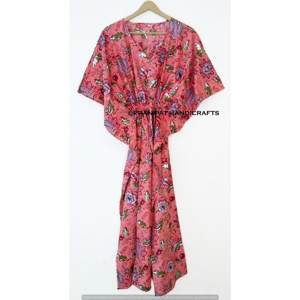 Damen Sommer Baumwolle Nachtwäsche Blumendruck Pfirsich Langes Maxi Ethnisches Kaftan Kleid CKFTN-SCRN-FULL-BUYIT-065