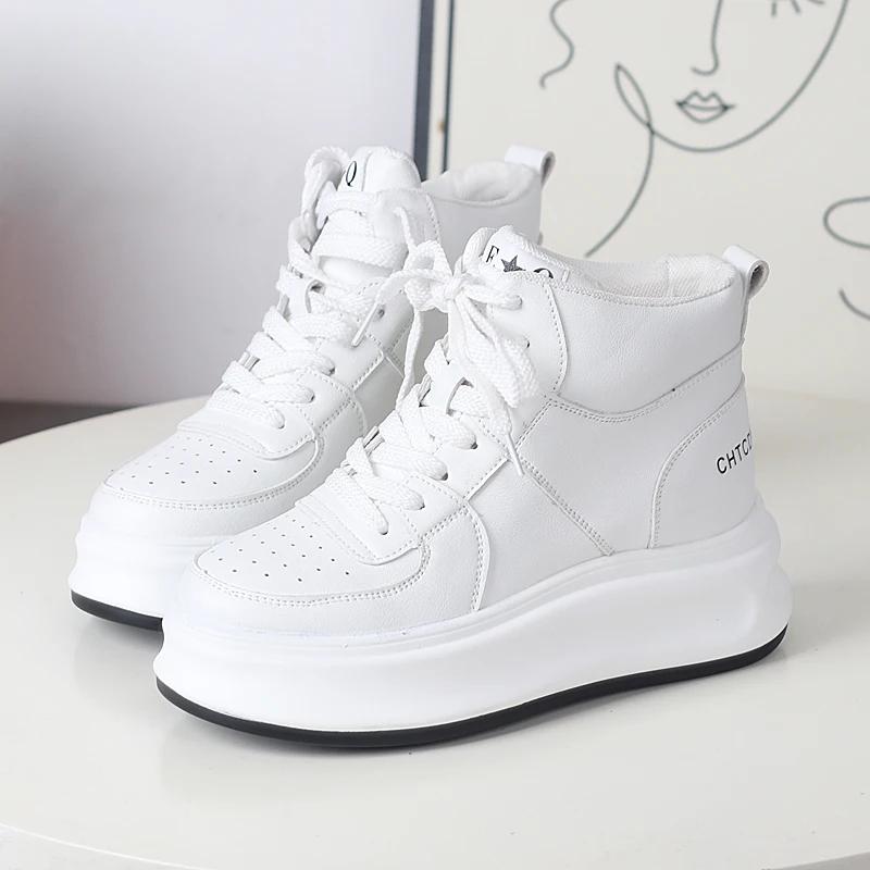 Fashion 8CM Genuine Leather Women Casual Shoes Platform Wedge Women Fashion Sneakers Chunky Shoes Summer Vulcanize Skateboard