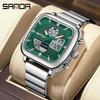SANDA Men's Dual Display Fashionable Multifunction Steel Band Square Waterproof Electronic Watch