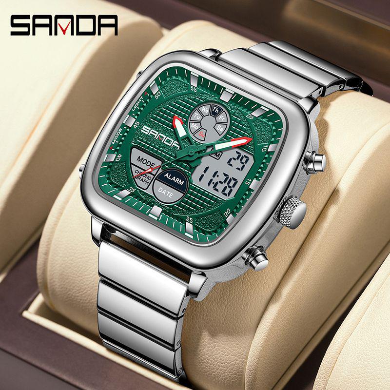 SANDA Men's Dual Display Fashionable Multifunction Steel Band Square Waterproof Electronic Watch