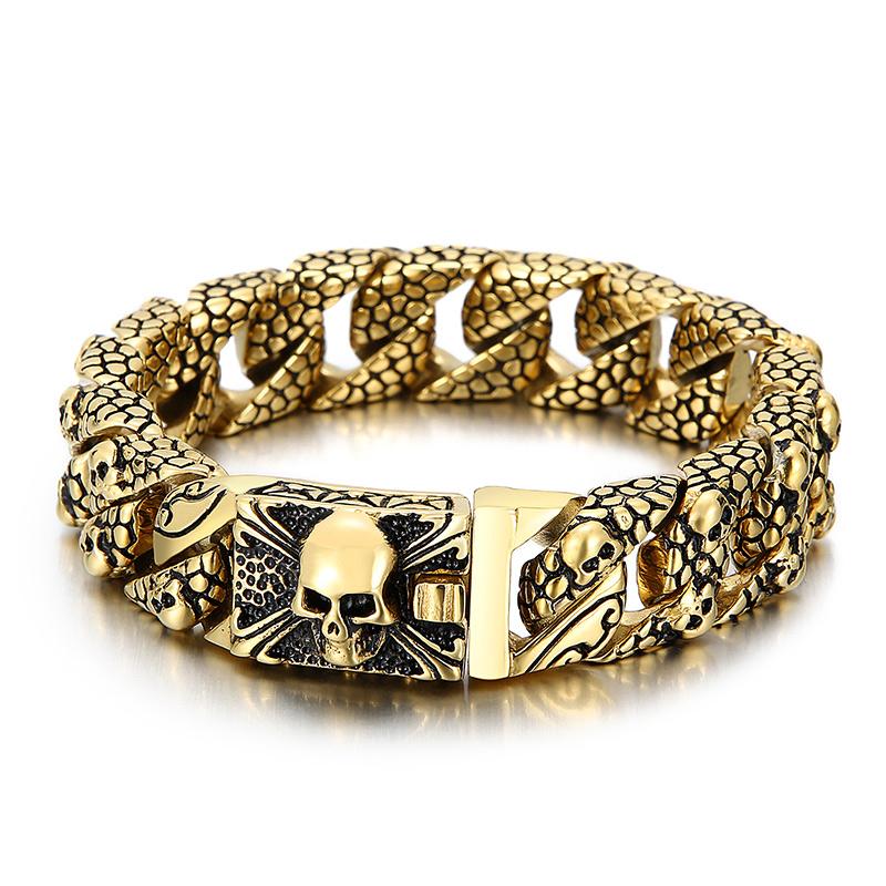 Kalen Vintage Stainless Steel Skull Cuban Chain Bracelets Men's Chunky Punk Golden Party Jewelry Gothic Heavy Accessories Gift