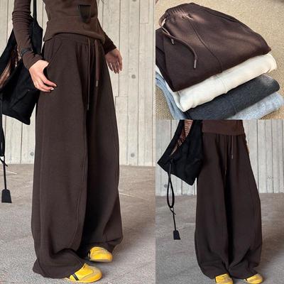Women's Coffee-Colored High-Waisted Wide-Leg Pants - Mid-Rise with Thickened Fabric for Slimming Effect - Autumn/Winter 2025
