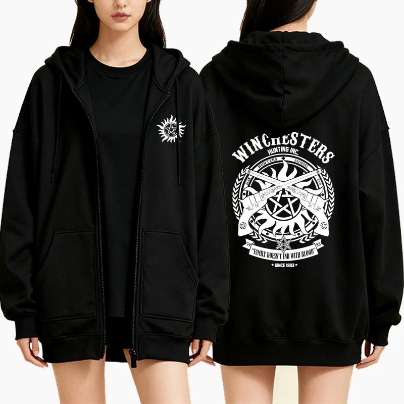 Pentagram Printed Zipper Hoodie Autumn Winter Women Casual Vintage Oversize Fashion Long Sleeve Fleece Sweatshirts