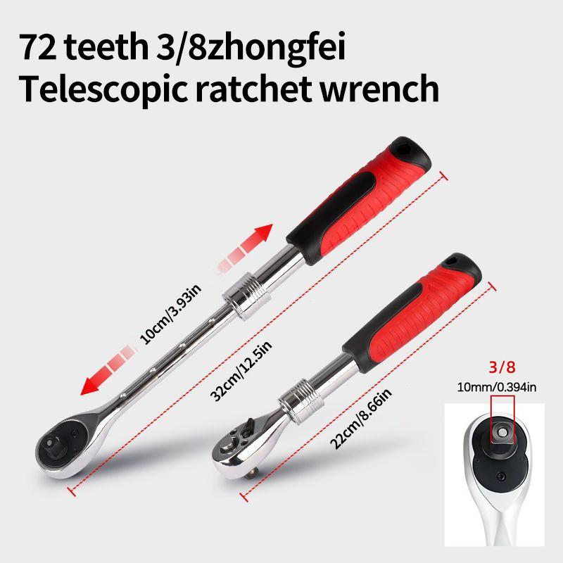 72-Zahn Einziehbare & Ausziehbare Ratsche, 1/4" 3/8'' 1/2'' Antrieb, Schnelllöse & Umkehrbare Steckschlüsselgarnitur