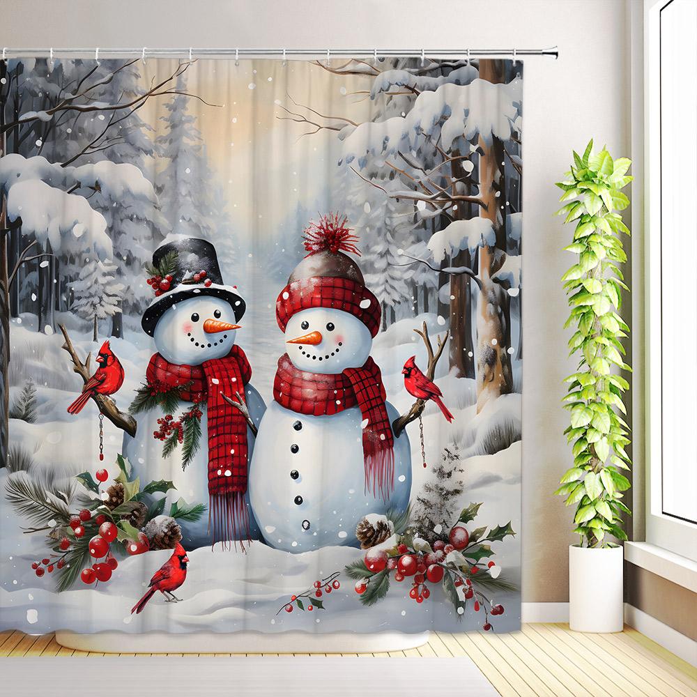 Winter Christmas Shower Curtain Santa Claus Snowman Snowflake Xmas Tree Gift New Year Home Decor Bathroom Curtains with Hooks