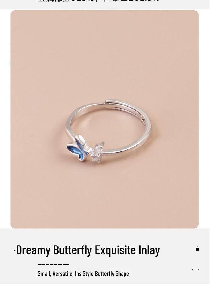 S925 Sterling Silver Blue Butterfly Open Ring: Women's Fashionable High-End Index Finger Accessory