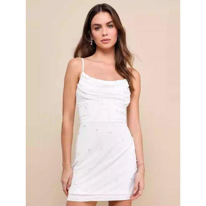 Export Single Lu's Sling Heavy Industry Net Yarn Pearl Slimming and Simple White Sweet Ruffle Hip Elegant Dress