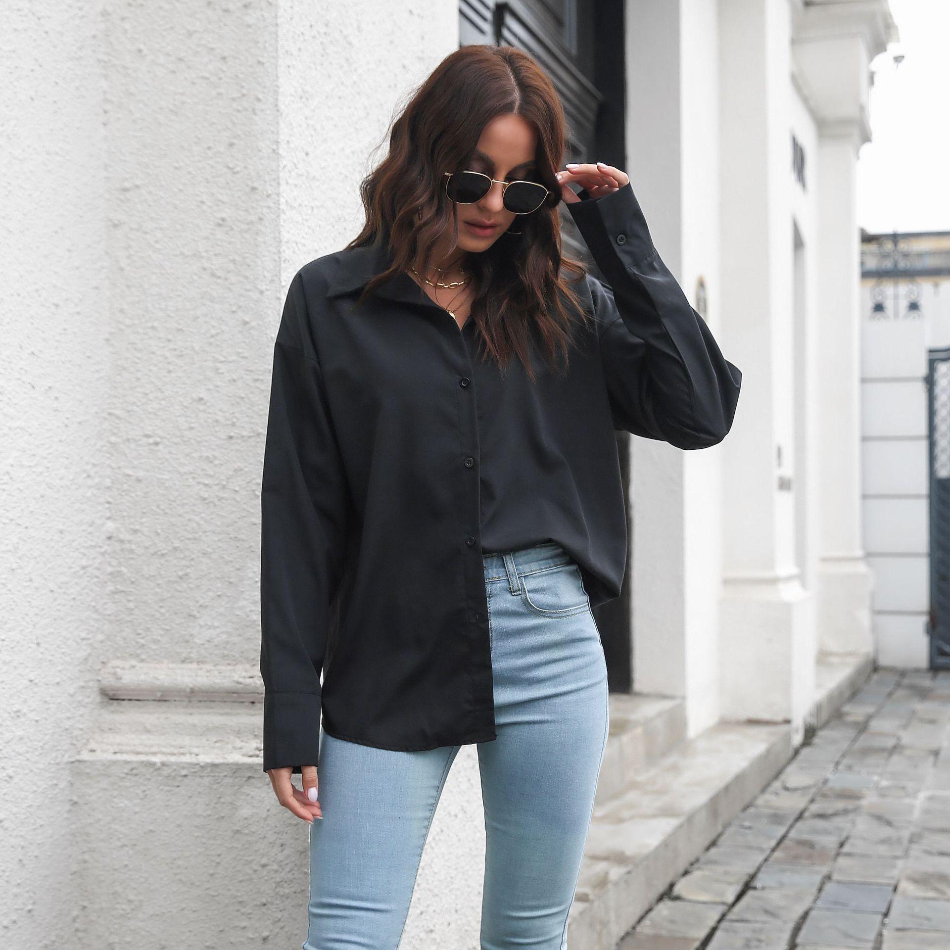 

GMXIA Женские модные повседневные однотонные блузки и рубашки-поло с длинным рукавом с принтом XL чёрный