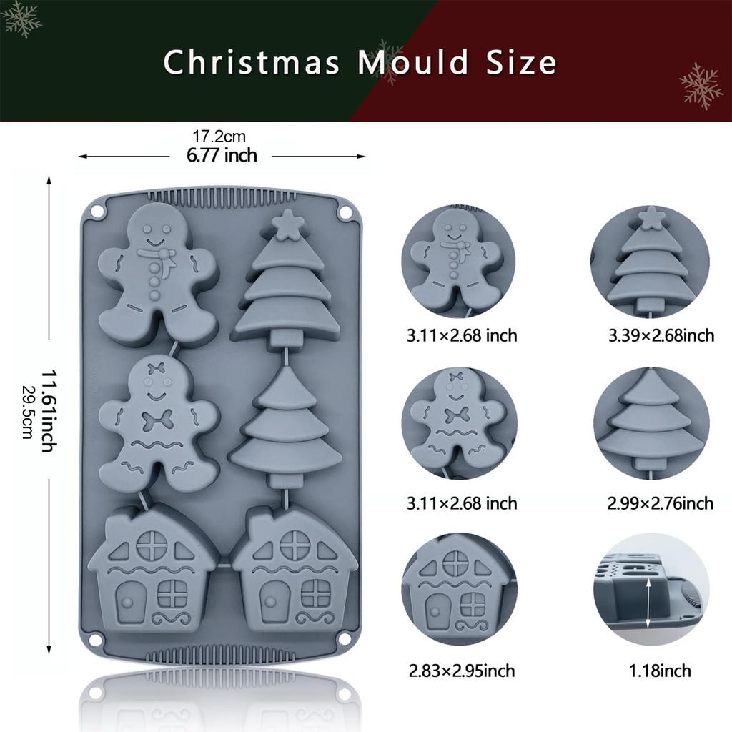 Christmas Silicone Molds Crafts Gingerbread Man Candy House Pine Tree Moulds 6-Cavity Silicone 3D Shape Craft Non Stick Mold For