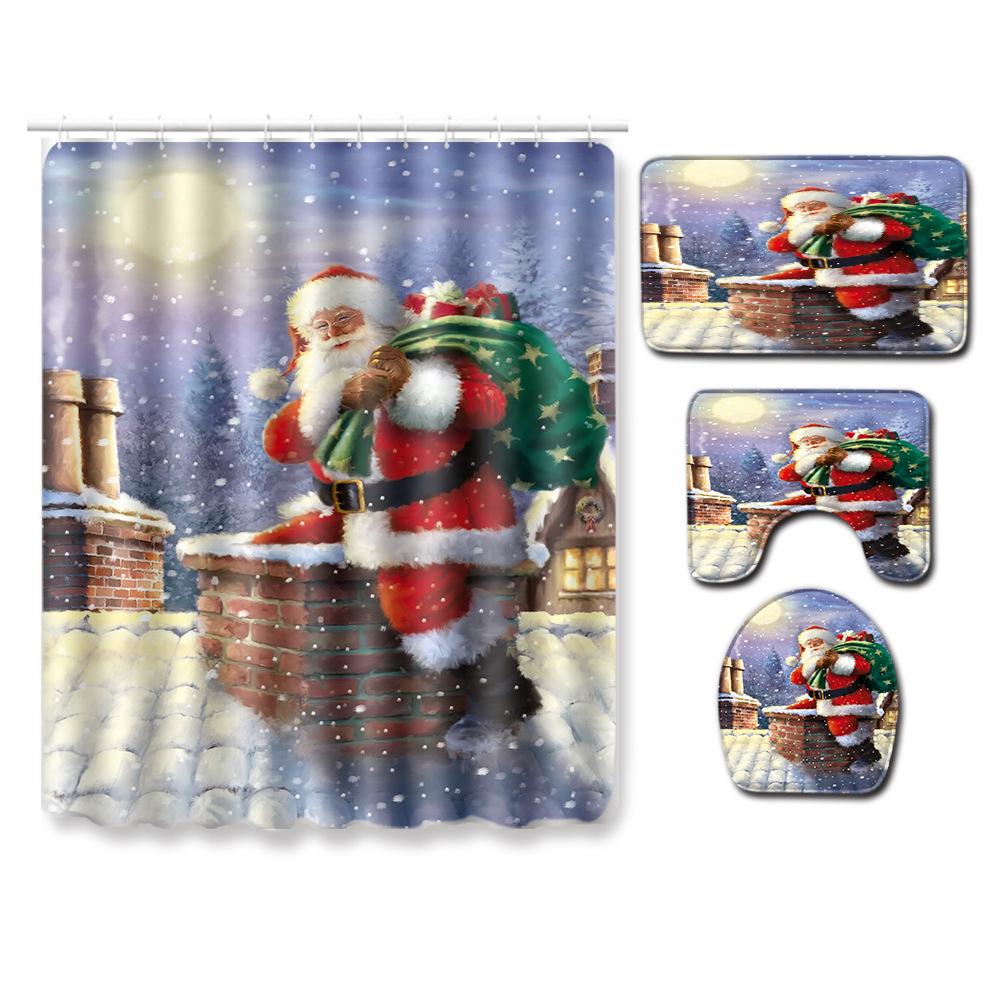 Christmas Shower Curtain Floor Mat Combination Four-Piece Set Bathroom Toilet Carpet Shower Room Mat Foot Mat