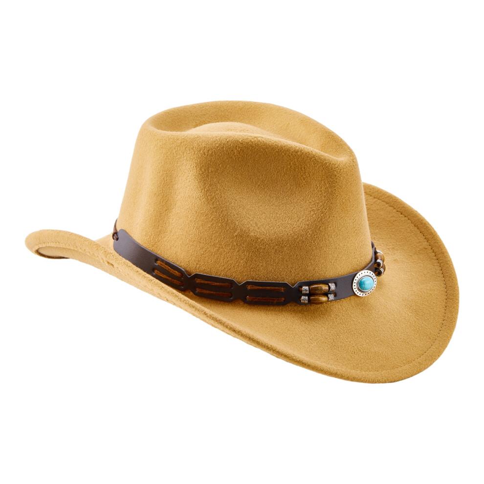 (One Size, Camel) Western Cowboy Hat for Women Men Bohemian Cowgirl Hat with Beads Trim Outdoor Sun Hat