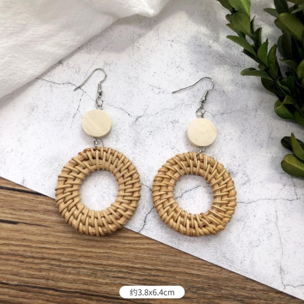 Vintage Mori Grass and Rattan Woven Handmade Earrings Bohemian Vacation Style Stud Earrings Female Ethnic Style Summer Ear Jewelry