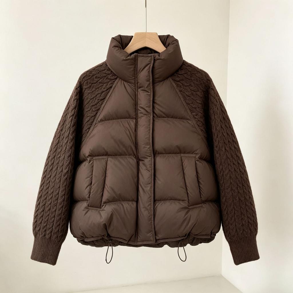 Autumn and Winter New Stand-up Collar Knitted Sleeve Splicing Down Jacket Women's Short Korean Version Versatile White Duck Down Jacket Tide