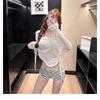 Womens White Striped Bikini Set With Long Sleeve Rash Guard Top High Waist Bottoms UV Protection Swimwear