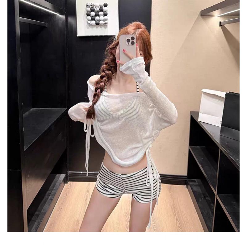 Womens White Striped Bikini Set With Long Sleeve Rash Guard Top High Waist Bottoms UV Protection Swimwear