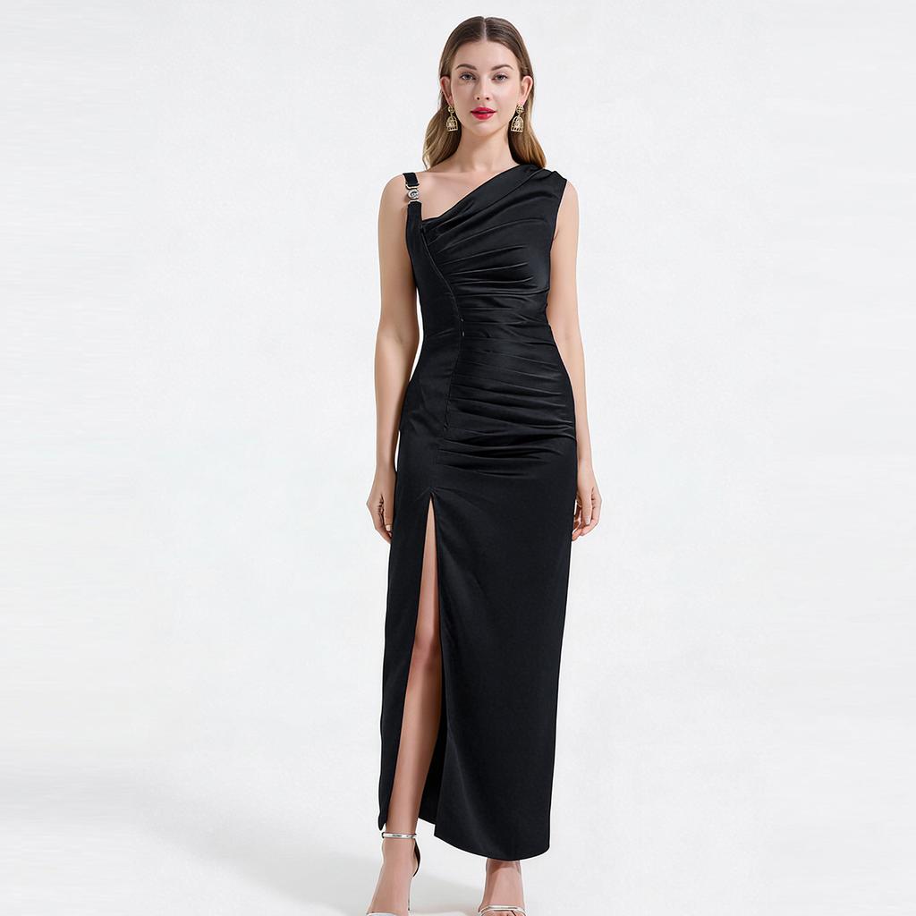 Summer New Arrival Acetate Satin Asymmetrical-Cut Bodycon Dress For Women Elegant One Shoulder Folds Splice Party Prom Dress