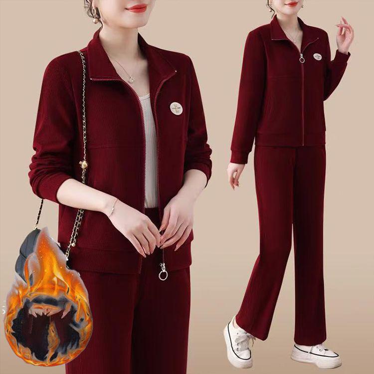 Lässige Dicke 2-teilige Sets Damen Reißverschluss Langarm Sweatshirt Tops Conjuntos Winter Warm Samtgefüttert Gerade Hosen Trainingsanzug