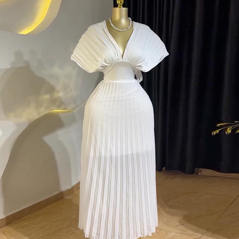 Rochie Elegantă de Primăvară 2025 cu Gât în V, Plisată, cu Mâneci Aripă de Liliac, Croială A-Linie pentru Femei