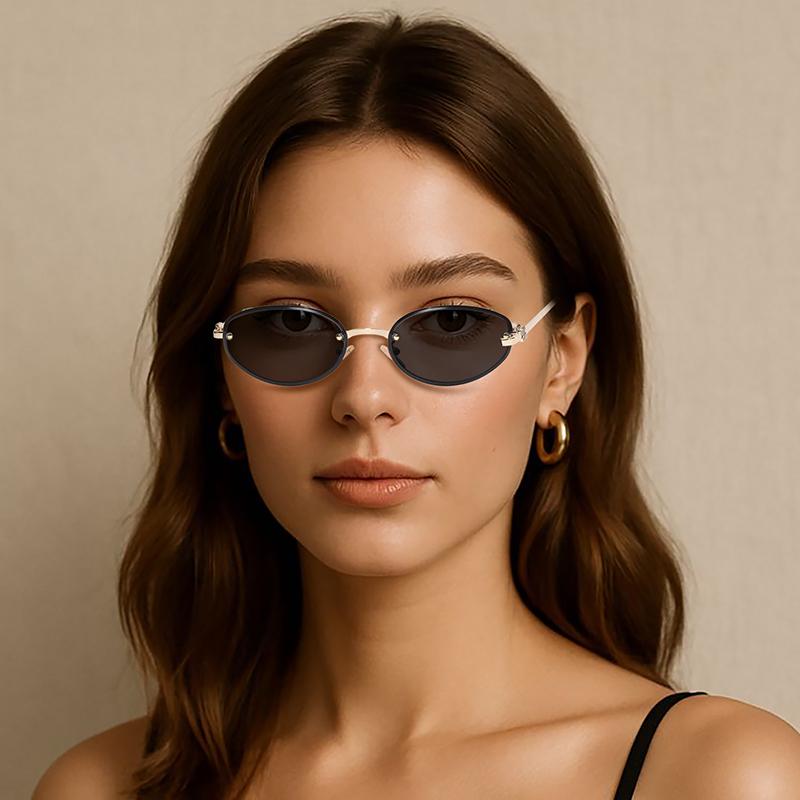 Small Oval Rimless Sunglasses Women Retro Metal Frame Cut Edge Photochromic Eyewear Fashion Trendy Sun Glasses for Street Photo