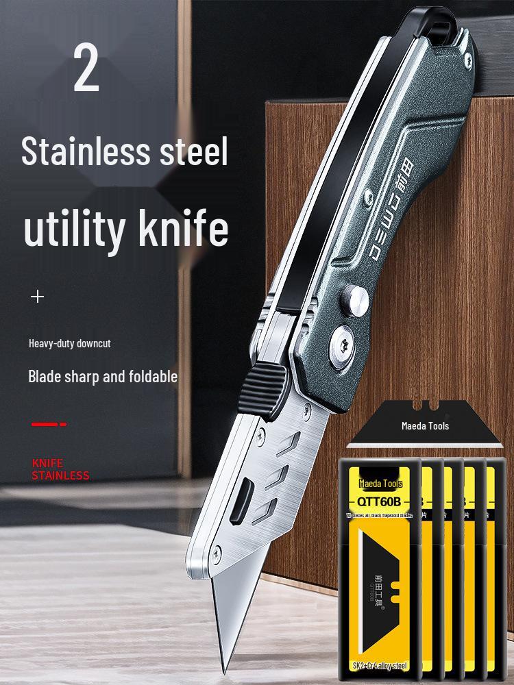 DEWO Heavy-Duty Stainless Steel Electrician's Folding Utility Knife with Cable and Wire Stripper, Thickened Hook.