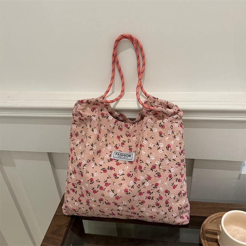 Korean ins floral canvas bag women's shoulder large capacity canvas bag thin plaid cradle bag portable canvas bag