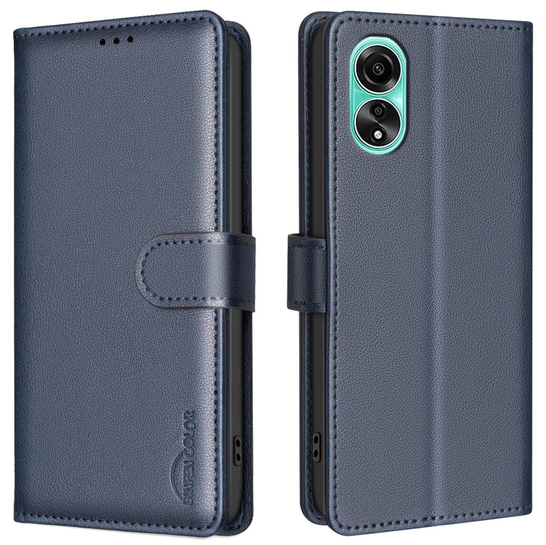 

BINFEN COLOR BF32 PU Leather Phone Shell for Oppo A78 4G Case Litchi Texture RFID Blocking Leather Cover Blue