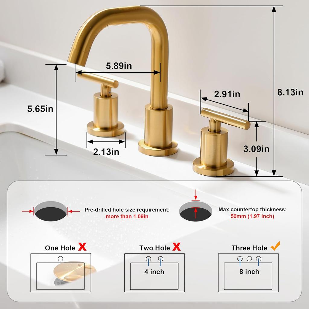 Brushed Gold Bathroom Faucet for Sink 3 Hole, 8 inch Widespread Bathroom Faucet | Brass Gold Vanity Faucet with 360° Swivel Spout 2 Handle Gold