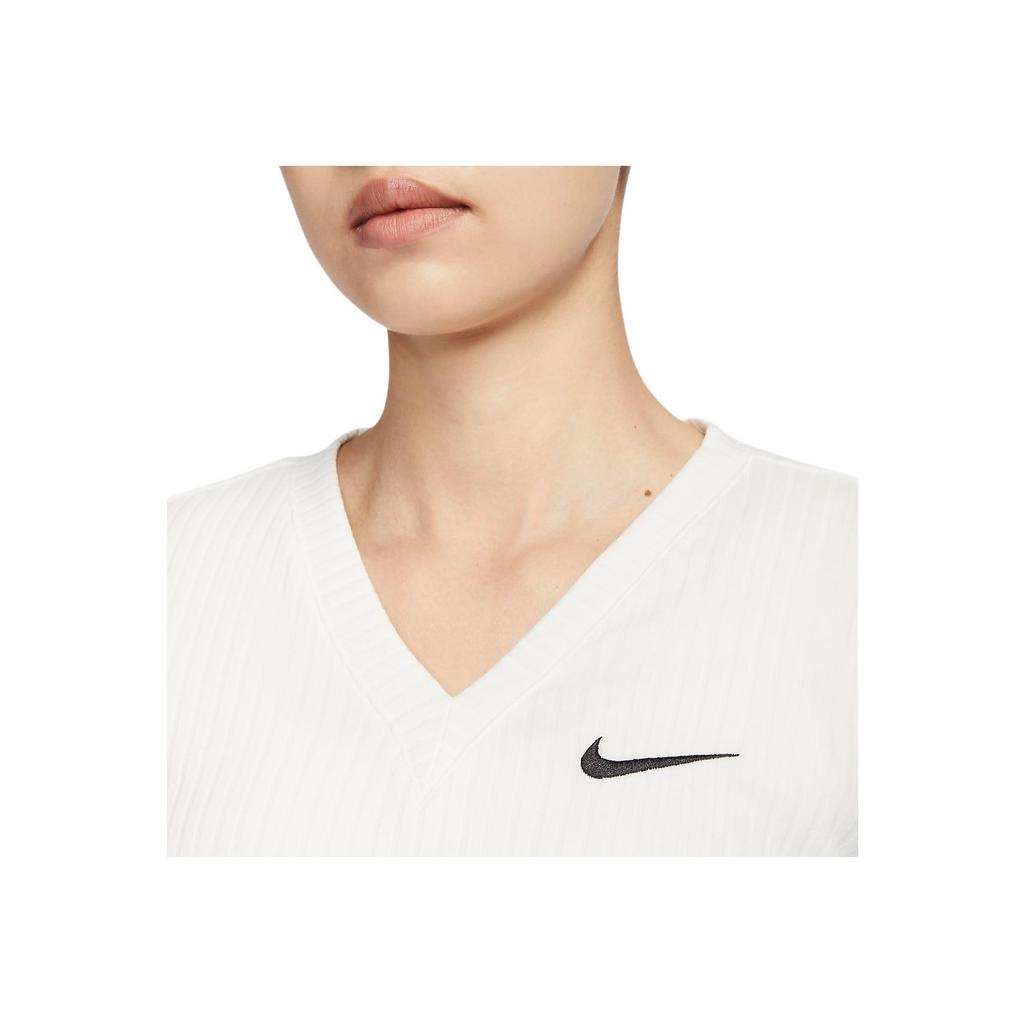 Nike Solid Ribbed V-Neck Long Sleeve Knit Top Women Tops Sail FD5259-133
