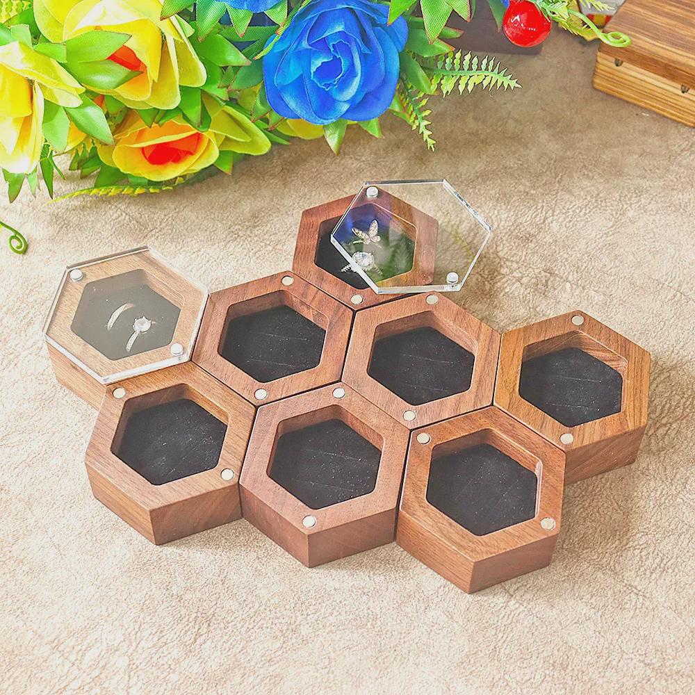 Magnetic Black Walnut Acrylic Ring Box for Engagement or Gift