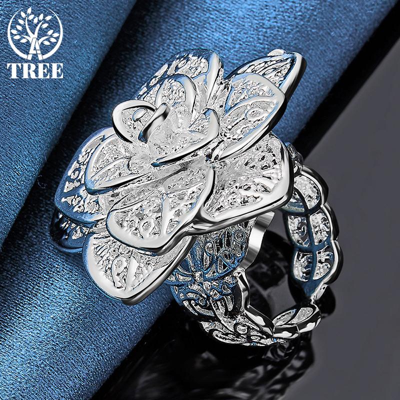 Bijuterii inel cu flori cu trei niveluri cu deschidere din argint 925