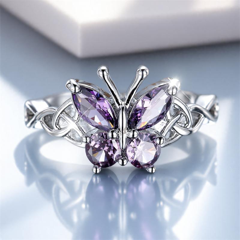Cute Female Purple Zircon Stone Cute Butterfly Ring Silver Color Cross Engagement Charm Wedding Jewelry For Women