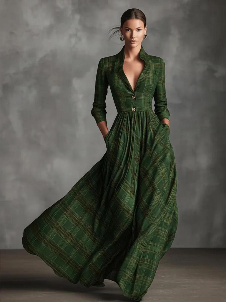 2025 European & American Women's Retro Plaid V-Neck Long Dress - Autumn/Winter Elegant French Style