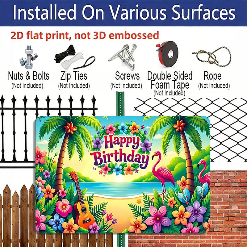 Placa Decorativa de Alumínio 2D Plana, 1 Peça "Feliz Aniversário" Flamingo Tropical 12x8 Polegadas - Design Luau Havaiano com Palmeiras & Guitarra, Colorida de Aniversário