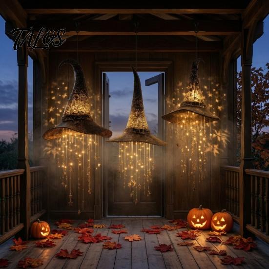 Lightweight Yard Decor Lighted Witch Hat Hanging Halloween Decor, LED Glowing Wizard with Holiday Ornaments Star Tassel Garland, Indoor Outdoor Porch