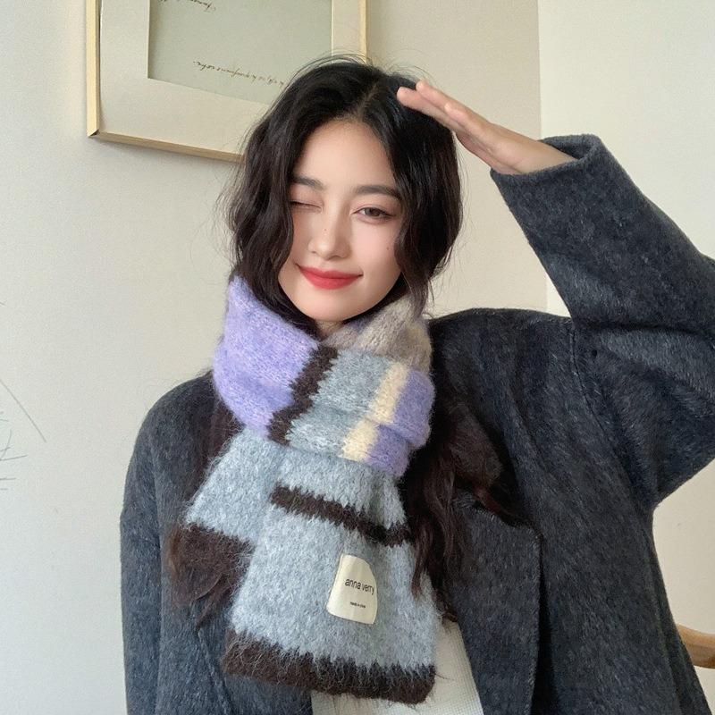 New wool scarf women's winter Korean atmosphere warm shawl striped color matching versatile knitted scarf