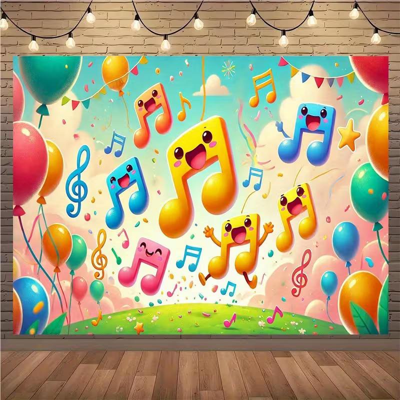 2D Cartoon Music Note Backdrop Colorful Balloon Birthday Party Background