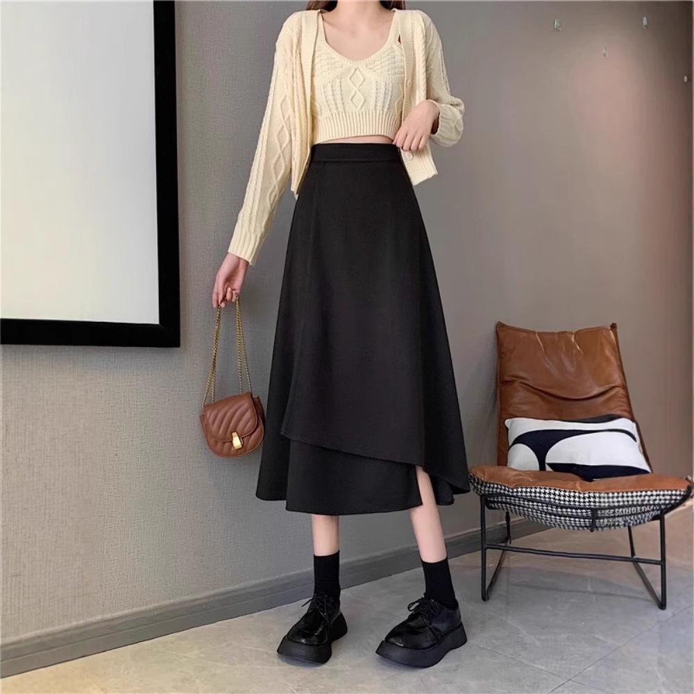 

Women s Black A-Line High-Waist Skirt: Spring Medium-Long Korean-Style with Irregular Hem, Hip-Covering & Large Swing S чорний