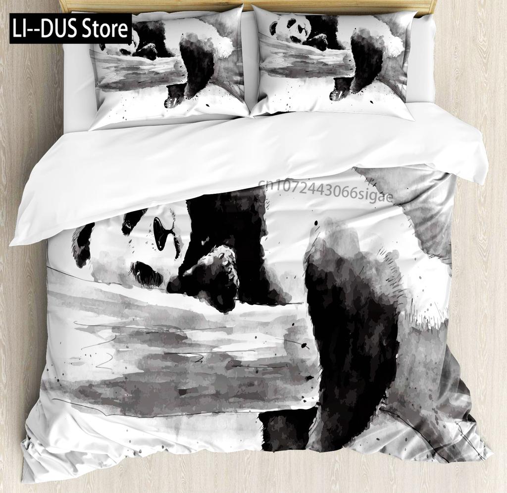 Kids Black Printed Cartoon Panda Beddings Cute Animal Pattern Teens Bedlinings 1 Duvet Cover Sets and 2 Pillowcases Full Size