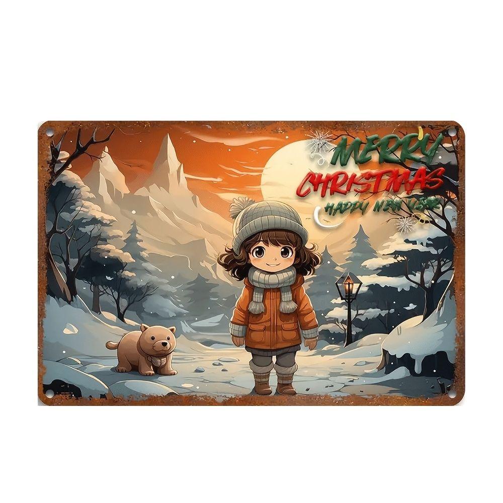 Weihnachts-Blechschild 2D Flache Wanddeko Metallplatte Hängendes Ornament Mädchen