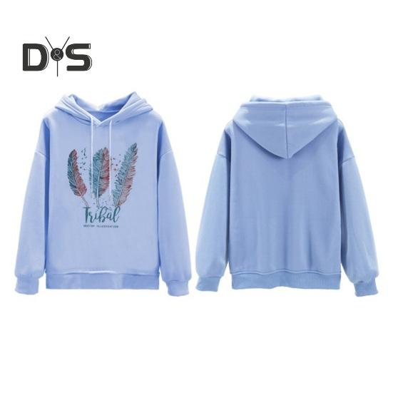 Fall Winter Hoodie Feather Print Long Sleeve Thick Loose Soft Drawstring Hooded Unisex Keep Warm Casual Elastic Cuff Women Men Hoodie