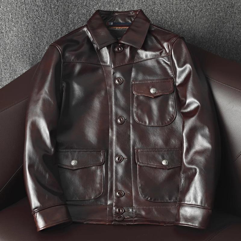 Men Waxed Tea Core Genuine Leather Biker Jacket Slim Fit Stylish Brakeman Coat Trendy Outerwear