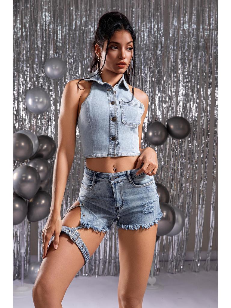 European & American Style High-Waisted Ripped Chain Skinny Jeans/Shorts for Women.