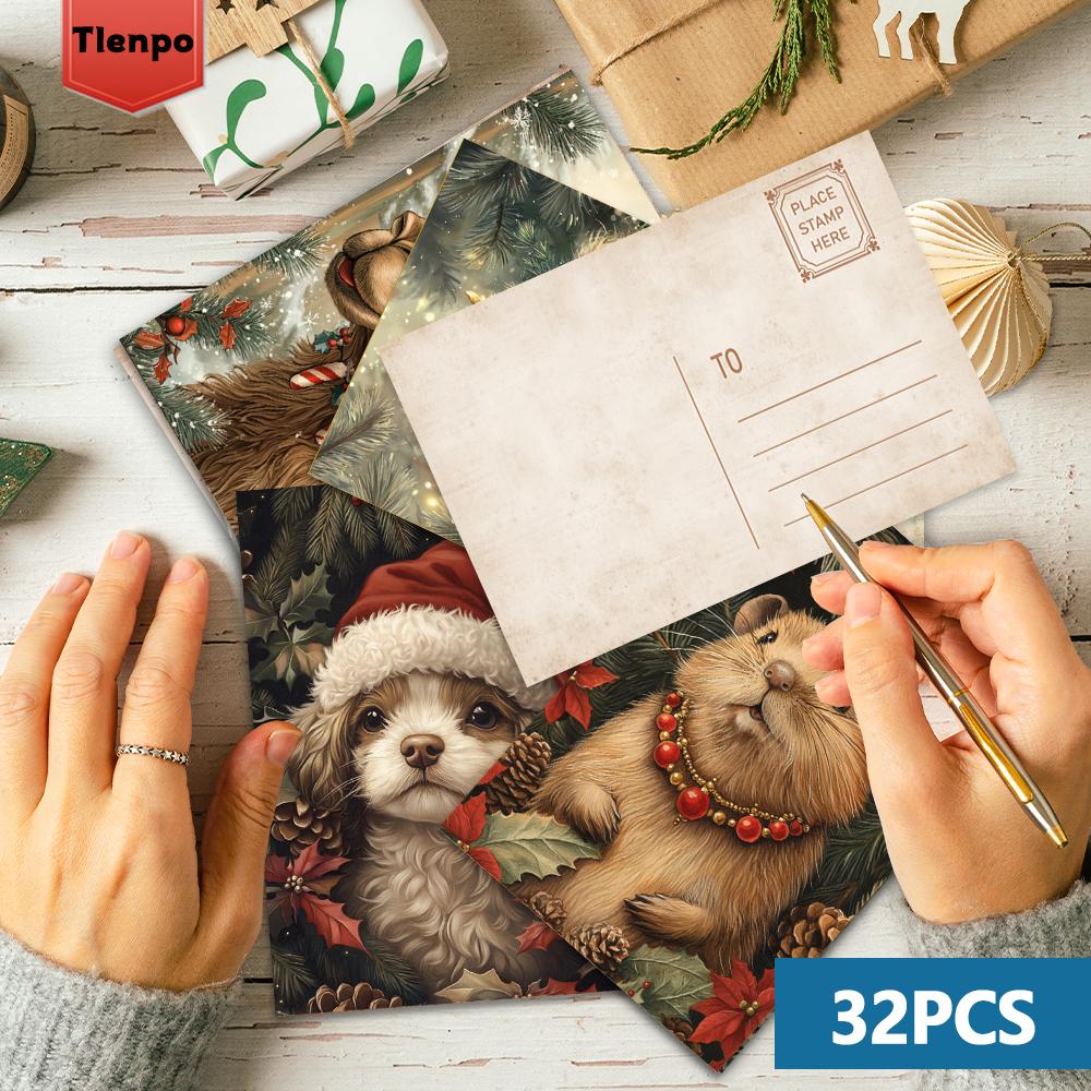 32pcs, Christmas animal postcards, retro, birthday/anniversary gifts, collectibles, suitable for gift-giving, can be mailed.