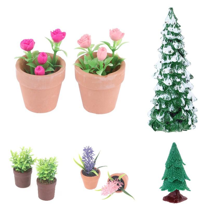 1:12 Dollhouse Miniature Xmas Tree Micro Tree Potted Plant Ceramic Flower Pot Lavender Rose Green Plant Home Decor Toy